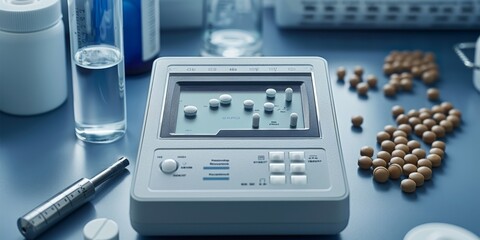 Laboratory electronic scales measuring chemical reagents, minimalist style, top-down composition, amazing. Generative AI.