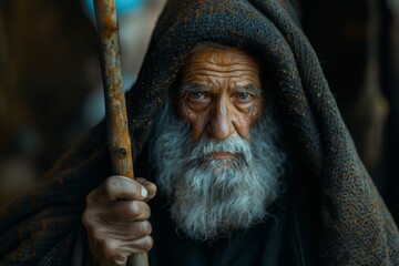 Obraz premium Portrait of biblical old man holding a stick in his hand. 