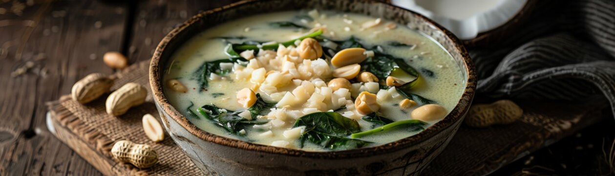 A closeup of Mozambican matapa with cassava leaves, peanuts, and coconut milk, served in a traditional bowl, natural daylight