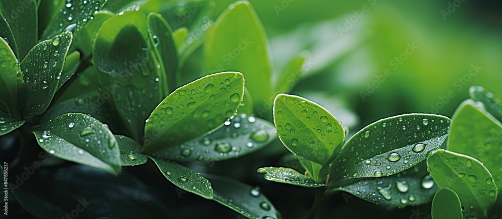 Poster small leaves with water drops and a room for your ads message topic. creative banner. copyspace imag