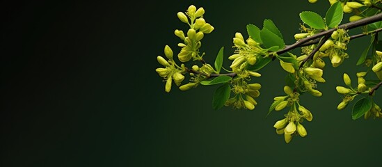 Obraz premium Sourthorn or common barberry green Branch with flowers in spring. Creative banner. Copyspace image