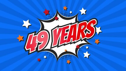49th forty-ninth anniversary - 49 forty-nine years birthday. Animated text on pop colorful background with rotating rays.