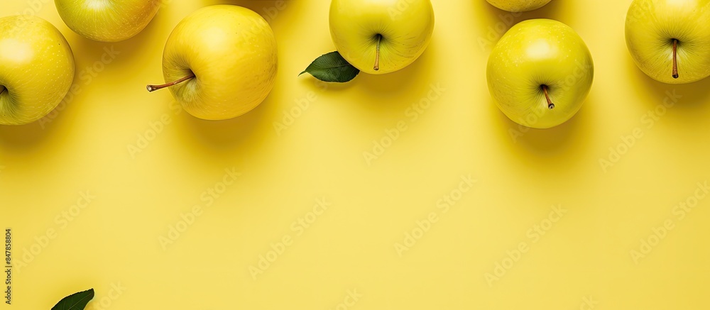Poster seamless regular pattern with fresh apples on a yellow background hard light minimal summer composit