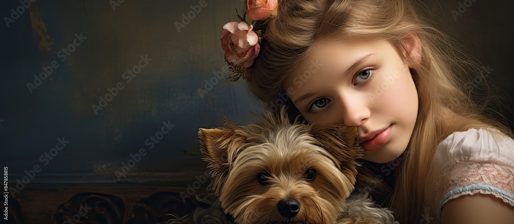 Poster girl with a yorkshire terrier. creative banner. copyspace image