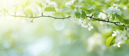 Obraz premium Beautiful spring leaves on tree outdoors. Creative banner. Copyspace image