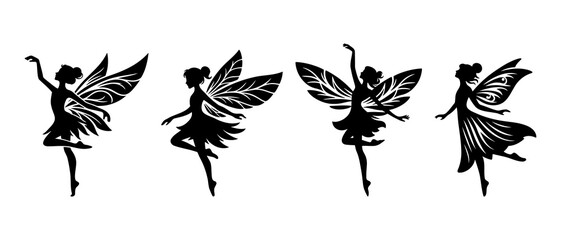 Beautiful jumping fairy side view silhouette black filled vector Illustration icon
