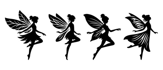Beautiful flying fairy side view silhouette black filled vector Illustration icon