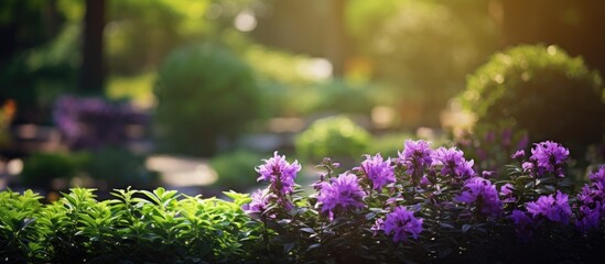 Obraz premium Beautiful garden purple flowers among green plants. Creative banner. Copyspace image