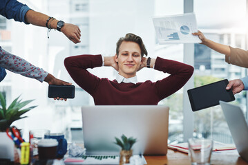 Man, calm and multitasking in office with hands, staff and documentation for deadline at startup....