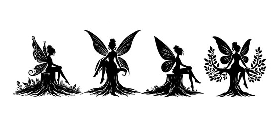 Beautiful sitting fairy side view silhouette black filled vector Illustration icon