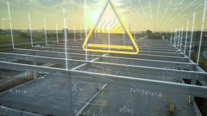 Aerial of Construction building site visualization with graphic formulas of working progress and under construction sign. 3D render