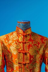 Naklejka premium Elegant orange traditional oriental garment with intricate golden patterns, set against a bright blue background.