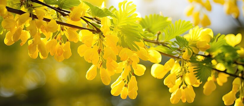 In spring an ornamental laburnum bush blooms in nature. Creative banner. Copyspace image