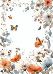 Naklejka premium A floral arch with butterflies and flowers surrounding it, with a white background, pastel colors, in the watercolor style, a simple design, clipart, a transparent background. Generative AI.