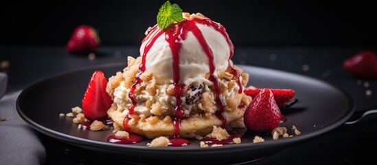 Scoop of ice cream with strawberry crumble serve in hot pancake. Creative banner. Copyspace image