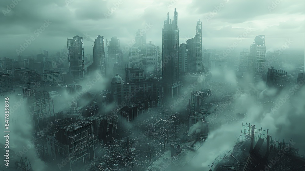 Poster a city in a post-apocalyptic world lost in deep cloud, wastelands. generative ai.