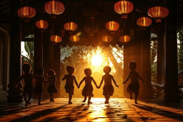 Children Running Towards the Setting Sun in a Lantern-Lit Courtyard