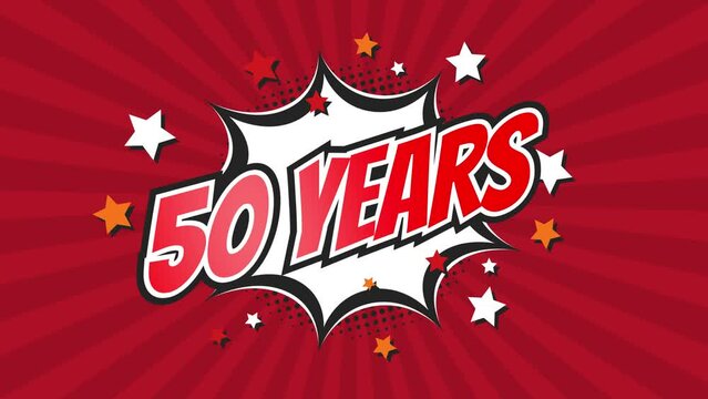 50th fiftieth anniversary - 50 fifty years birthday. Animated text on pop colorful background with rotating rays.