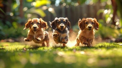 Three playful dachshund puppies