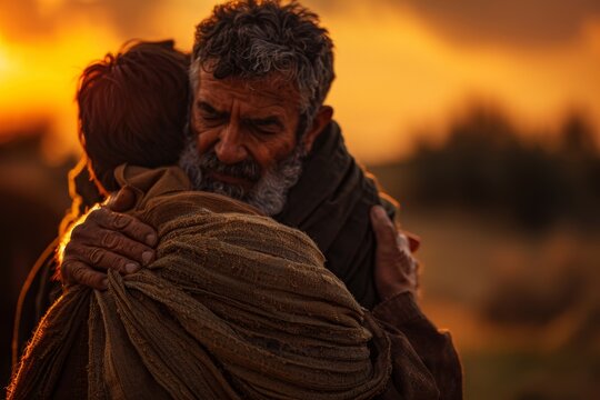 Father embracing his son, Bible story of the prodigal son.	