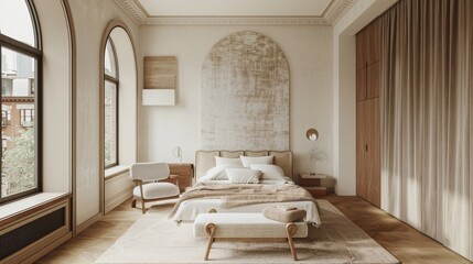 Minimal modern bedroom with light oak wood floors, white walls with neutral accent wall featuring brass detail, arched window, textured fabric headboard, and armchair