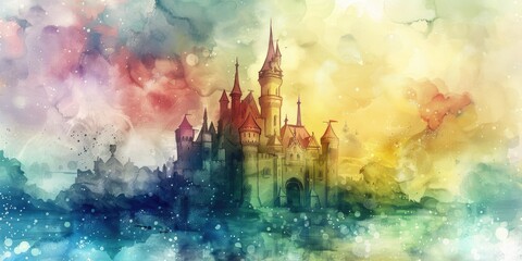 Obraz premium Magical Castle with Clouds and Mountains