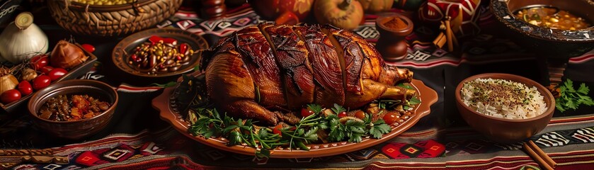 A dramatic capture of a roasted guinea pig on a festive table, surrounded by traditional Andean decorations and side dishes, emphasizing the cultural significance of the meal