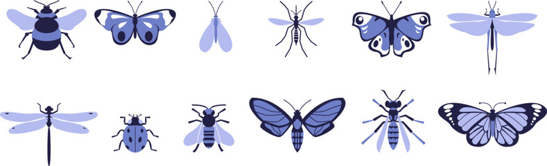 Set of different flying insects. Bumblebee, bee, butterflies.