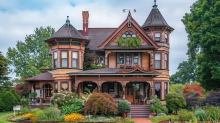 Fototapeta premium charming Victorian house with detailed woodwork, turrets, and vibrant landscaping