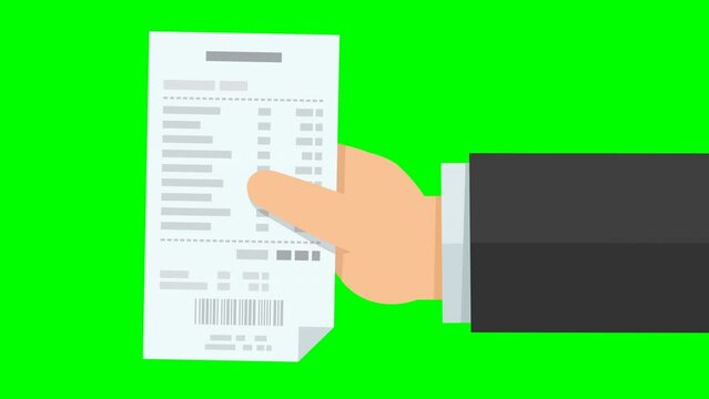 A hand has a checkbook from the right on a green screen, transparent background with alpha channel (flat design)
