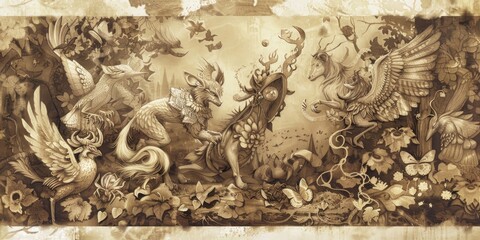 a image of a drawing of a group of birds and flowers