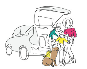 Hand drawn line art vector of a family on a road trip. A couple with their toddler and dog on road adventure concept.