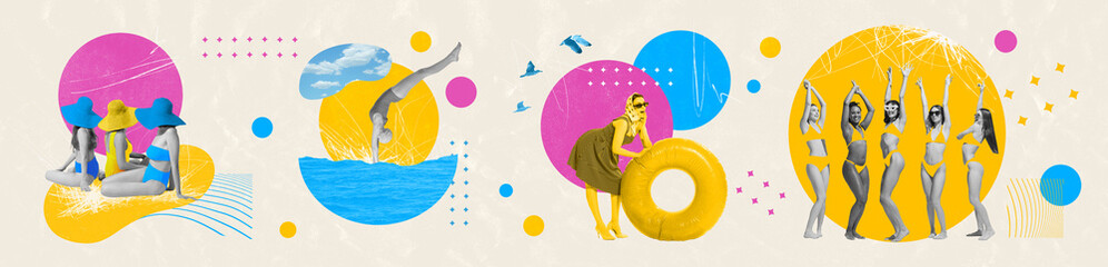 Contemporary art collage. Abstract artwork. Young girls in swimsuits have fun on beach and pose near water pool. Concept of summertime holidays, inspiration, travel, vacation, resort, recreation. © Lustre Art Group 