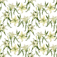 Beautiful pattern of drawn flowers, white lily, and green leaves isolated on a white background, a repeating pattern for textiles, scrap, design and decor.