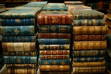 Stacks of Vintage Books With Ornate Bindings in a Library