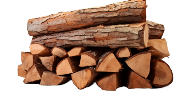 Heap of birch firewood logs isolated on transparent png background.

