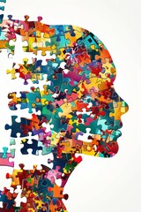 Abstract colorful human head shape made of puzzle pieces on a white background