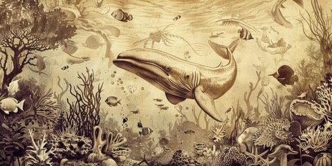 a image of a painting of a whale in a sea with fish