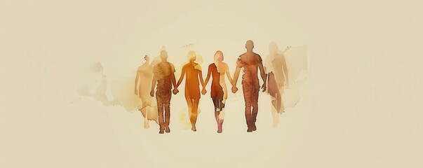 watercolour painting of a group of peoples shape holding hands