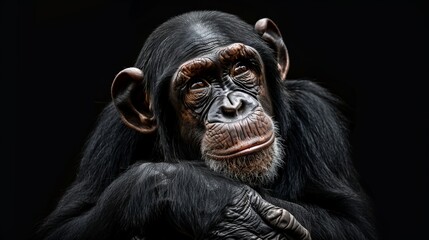Fototapeta premium Close-up portrait of Chimpanzee (Pan troglodytes) with thoughtful expression in natural habitat