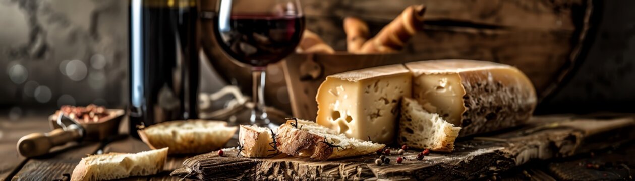 A quirky presentation of casu marzu cheese with visible larvae, displayed on a rustic wooden board with slices of fresh bread and a glass of red wine, in a cozy Italian kitchen