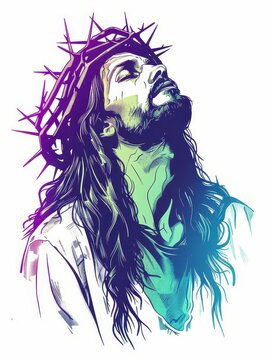 recommend clip art: line art with sketch of jesus wearing crown thorns in blue and purple gradient colour on white background
