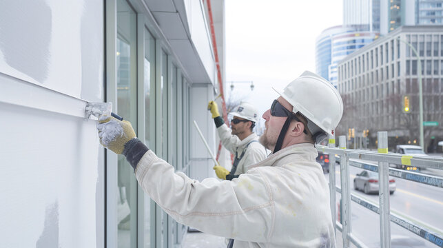 Team of painters working on a commercial building's exterior, professional painting service