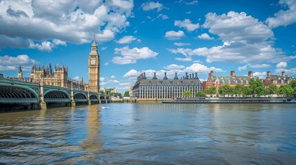 Fototapeta premium A view across the Thames River to Elizabeth Tower, also known as Big Ben, at the Palace of Westminster in London.