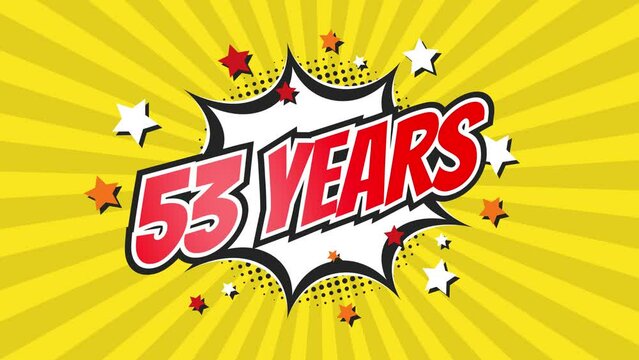 53rd fifty-third anniversary - 53 fifty-three years birthday. Animated text on pop colorful background with rotating rays.