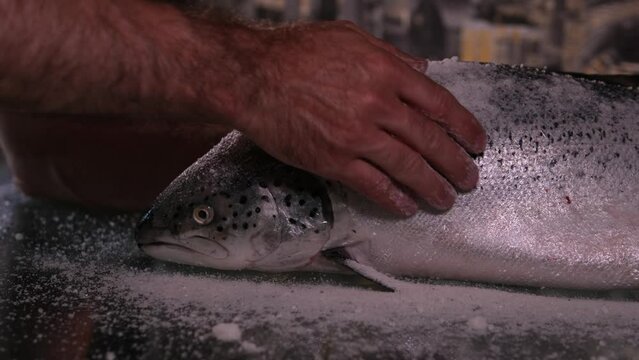 Male hands cuts off a fish head. Fisherman processing fresh fish close up. Fish industry. Cutting fish Salting salmon