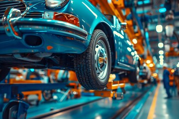 Fototapeta premium Car on hydraulic lift for undercarriage repair, Vintage blue car with shiny chrome hubcaps, hoisted up in a well-lit auto assembly line, reflecting meticulous maintenance or restoration.