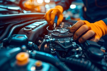 Obraz premium Auto mechanic working under the hood of a car, Close-up of mechanic in yellow gloves maintaining car engine, showcasing skilled manual labor.