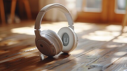 Cozy headphones on a warm beige background relaxing music. Generative AI.