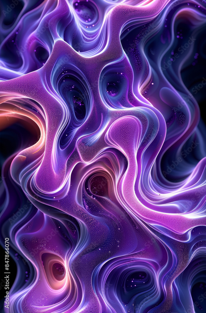 Poster abstract 3d organic pattern with neon purple and pink accents on a dark background, intricate and fl